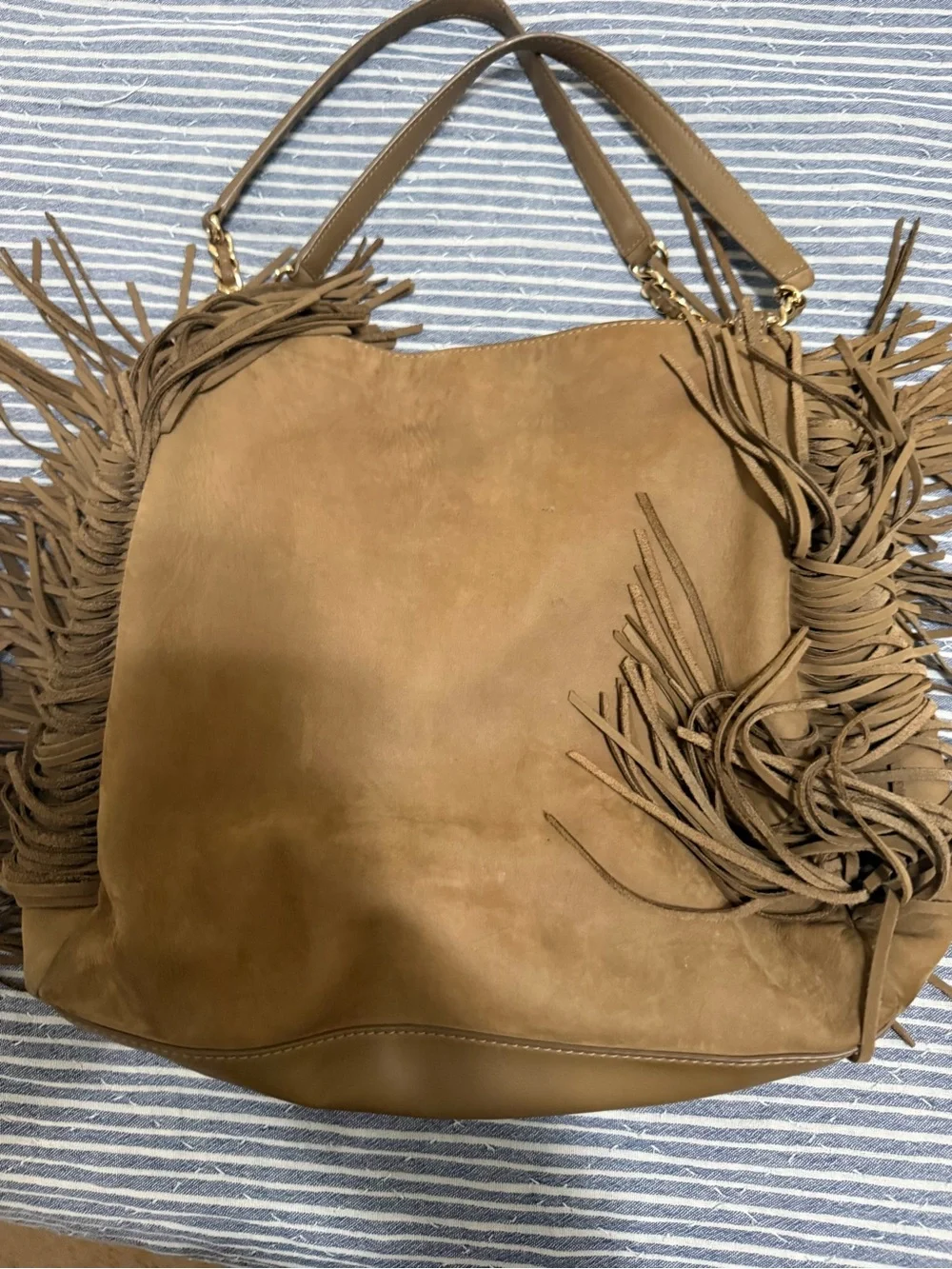 Tory Burch Suede Leather Tote with Logo-Print Interior